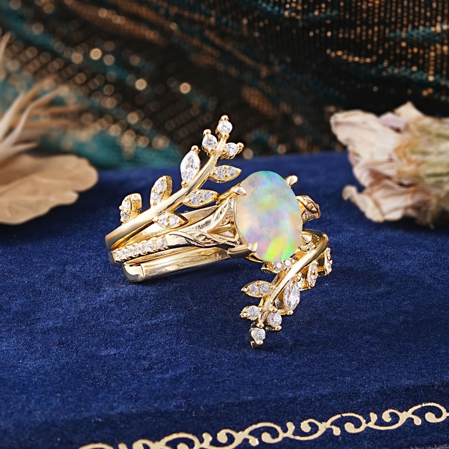 Delicate Leaf Embellished 4 - Prong Oval - Cut Opal Bridal Ring Set