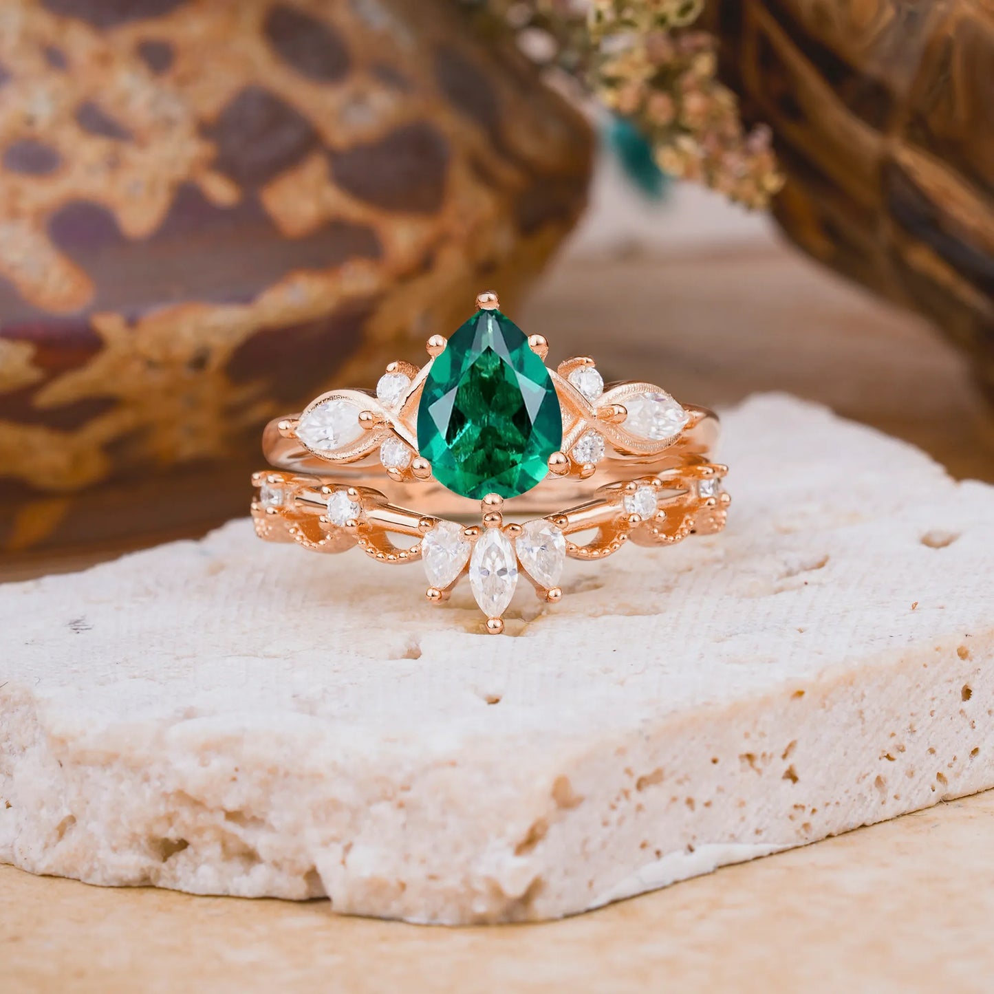 6 Prong Romantic Vine Themed Pear Cut Emerald Rings