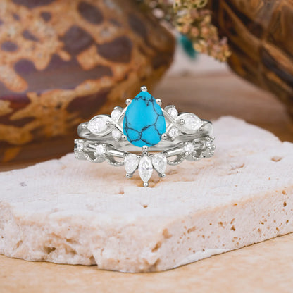 6 Prong Romantic Vine Themed Pear Cut Turquoise Rings