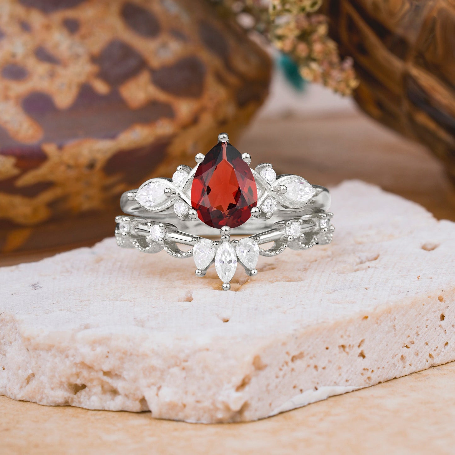 6 Prong Romantic Vine Themed Pear Cut Garnet Bridal Ring Set