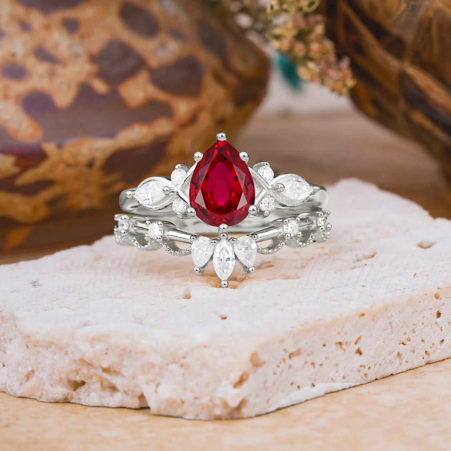 6 Prong Romantic Vine Themed Pear Cut Ruby Rings
