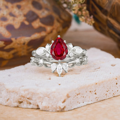 6 Prong Romantic Vine Themed Pear Cut Ruby Rings