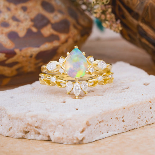 6 Prong Romantic Vine Themed Pear Cut Opal Bridal Ring Set