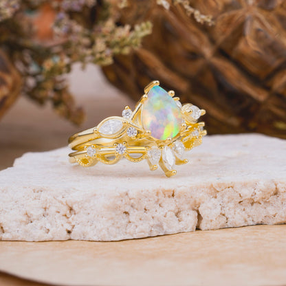 6 Prong Romantic Vine Themed Pear Cut Opal Bridal Ring Set