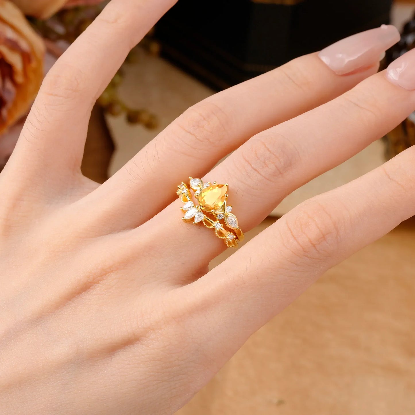 6 Prong Romantic Vine Themed Pear Cut Citrine Rings