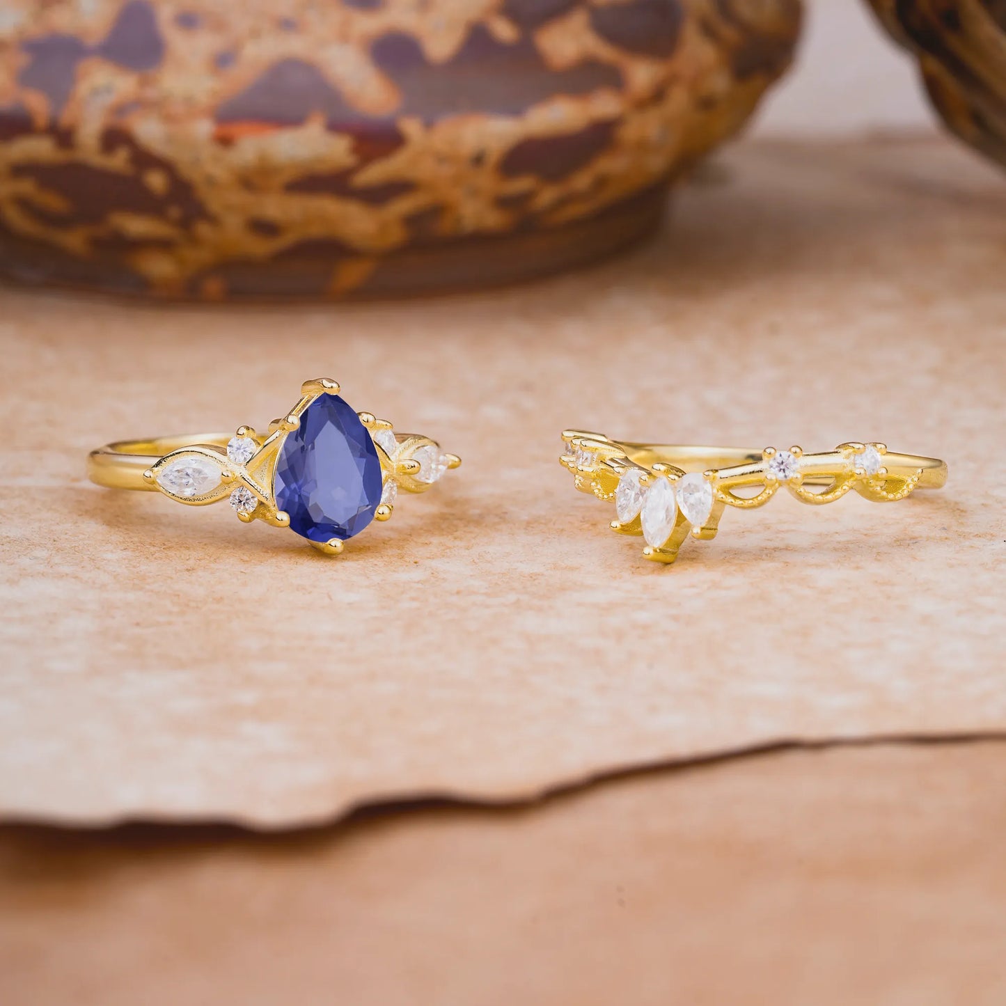 6 Prong Romantic Vine Themed Pear Cut Tanzanite Rings