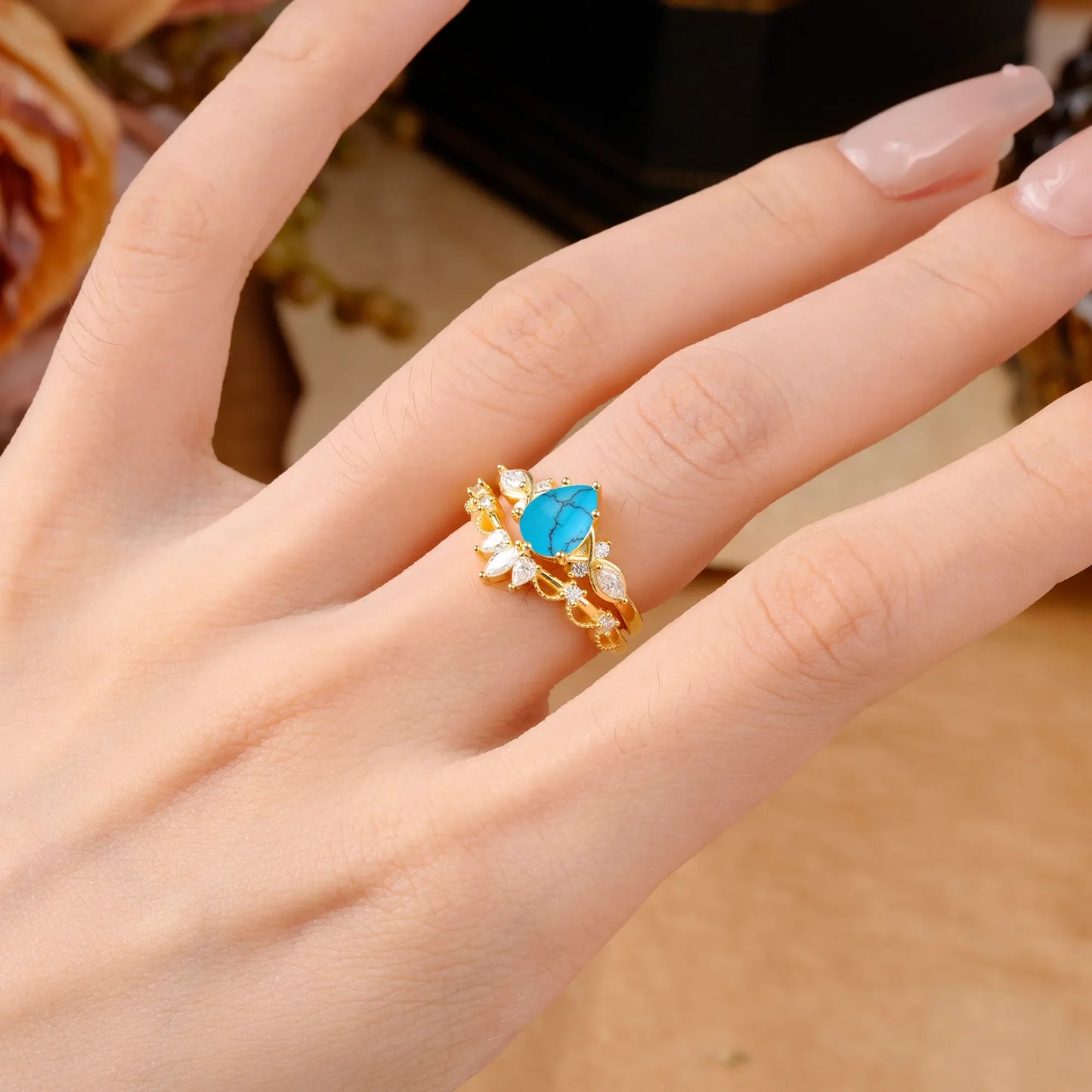 6 Prong Romantic Vine Themed Pear Cut Turquoise Rings
