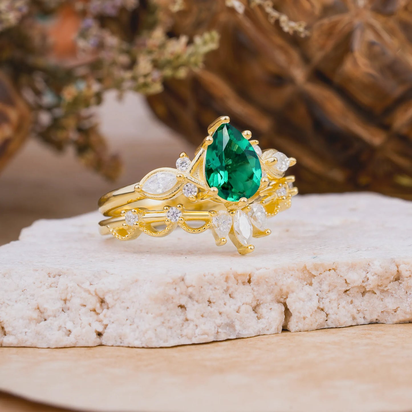 6 Prong Romantic Vine Themed Pear Cut Emerald Rings