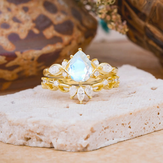 6 Prong Romantic Vine Themed Pear Cut Moonstone Rings