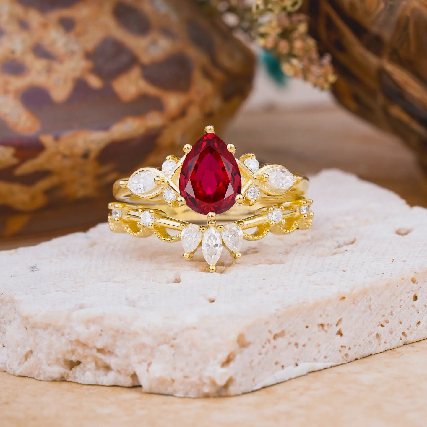 6 Prong Romantic Vine Themed Pear Cut Ruby Rings