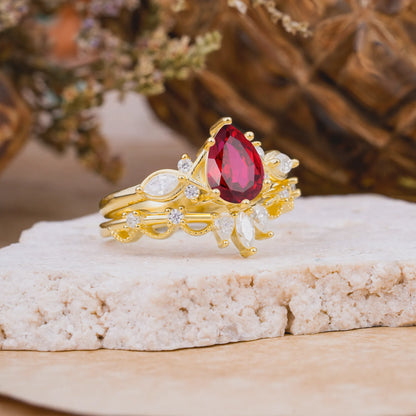 6 Prong Romantic Vine Themed Pear Cut Ruby Rings
