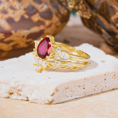 6 Prong Romantic Vine Themed Pear Cut Ruby Rings