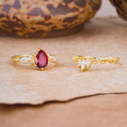 6 Prong Romantic Vine Themed Pear Cut Ruby Rings