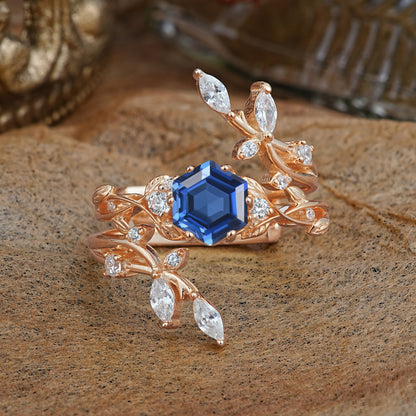 Nature-Inspired Luxury Hexagonal-Cut Sapphire Bridal Ring Set
