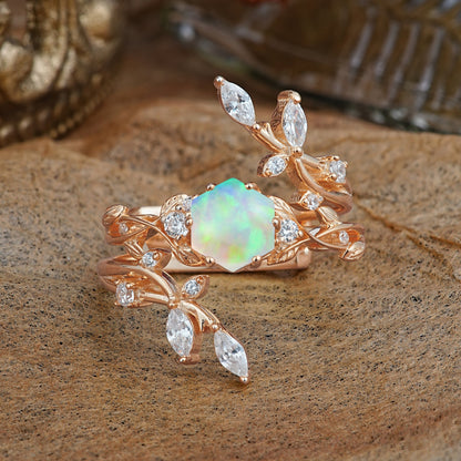 Nature-Inspired Luxury Hexagonal-Cut Opal Bridal Ring Set