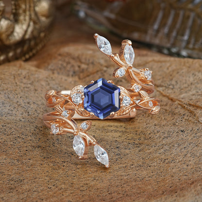 Nature-Inspired Luxury Hexagonal-Cut Tanzanite Bridal Ring Set