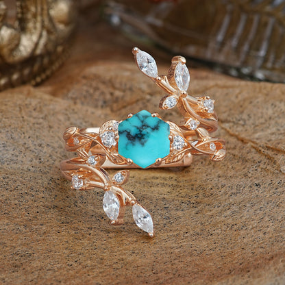 Nature-Inspired Luxury Hexagonal-Cut Turquoise Bridal Ring Set
