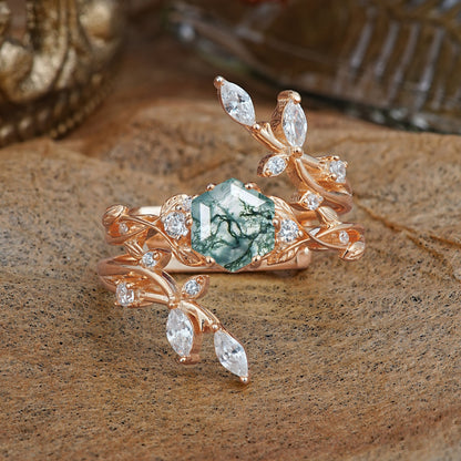 Nature-Inspired Luxury Hexagonal-Cut Moss Agate Bridal Ring Set