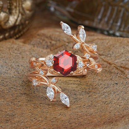 Nature-Inspired Luxury Hexagonal-Cut Garnet Bridal Ring Set