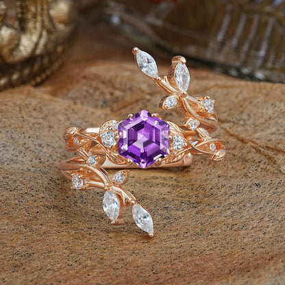 Nature-Inspired Luxury Hexagonal-Cut Amethyst Bridal Ring Set