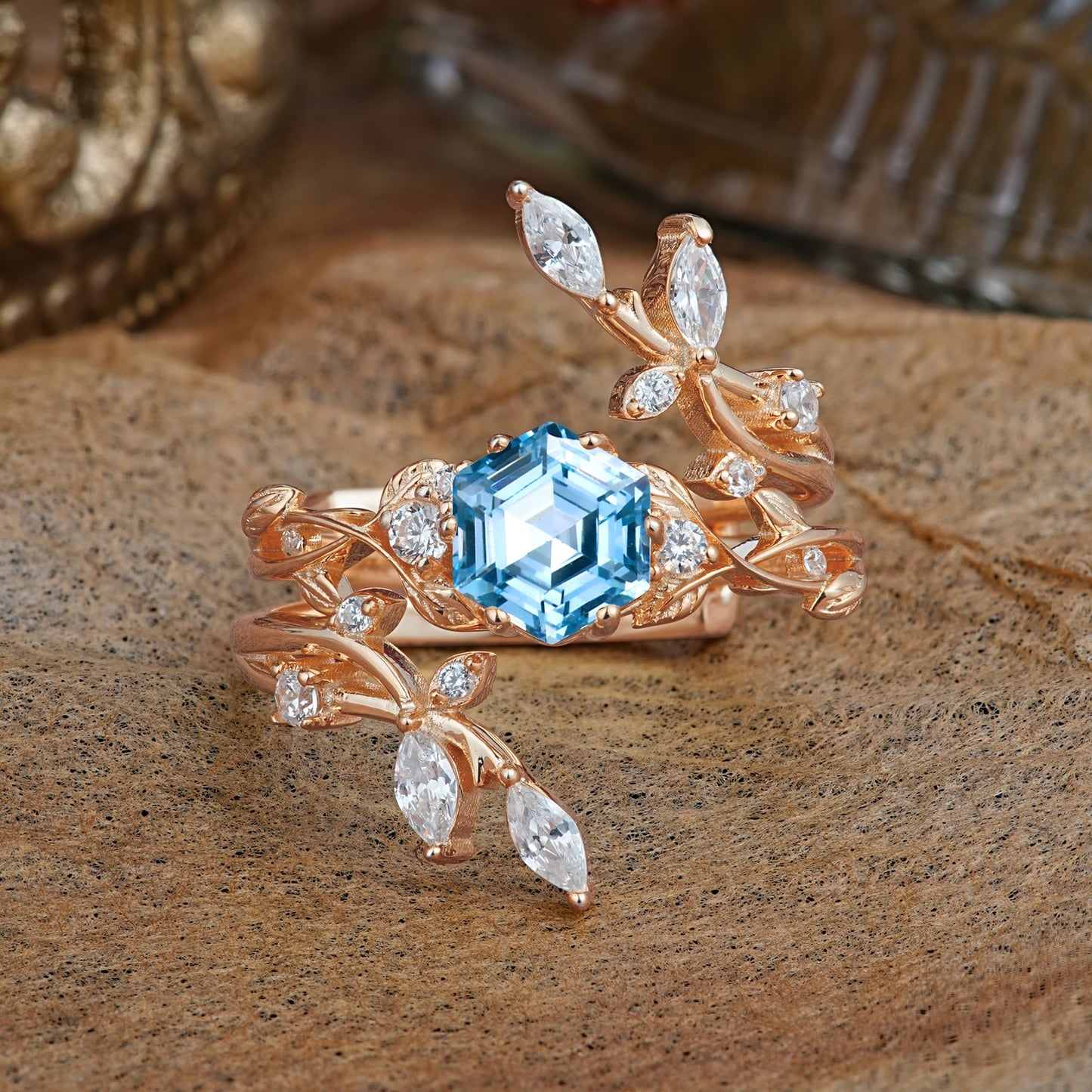 Nature-Inspired Luxury Hexagonal-Cut Aquamarine Bridal Ring Set