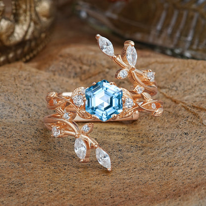 Nature-Inspired Luxury Hexagonal-Cut Aquamarine Bridal Ring Set