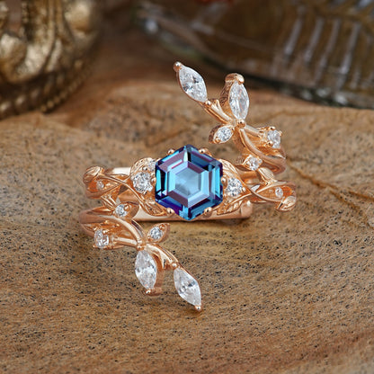 Nature-Inspired Luxury Hexagonal-Cut Alexandrite Bridal Ring Set
