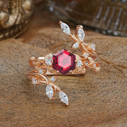 Nature-Inspired Luxury Hexagonal-Cut Ruby Bridal Ring Set