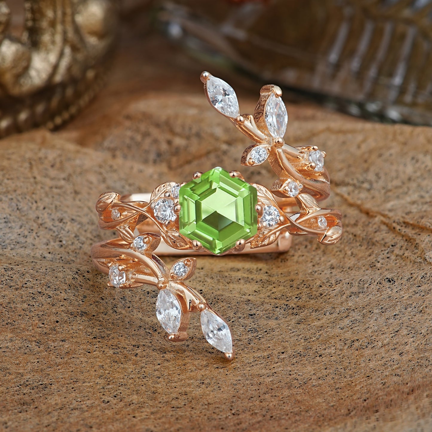 Nature-Inspired Luxury Hexagonal-Cut Peridot Bridal Ring Set