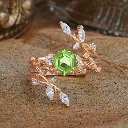 Nature-Inspired Luxury Hexagonal-Cut Peridot Bridal Ring Set
