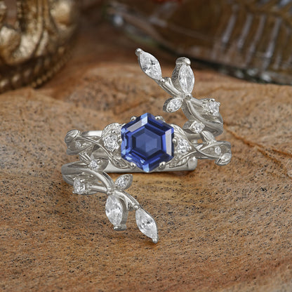 Nature-Inspired Luxury Hexagonal-Cut Tanzanite Bridal Ring Set
