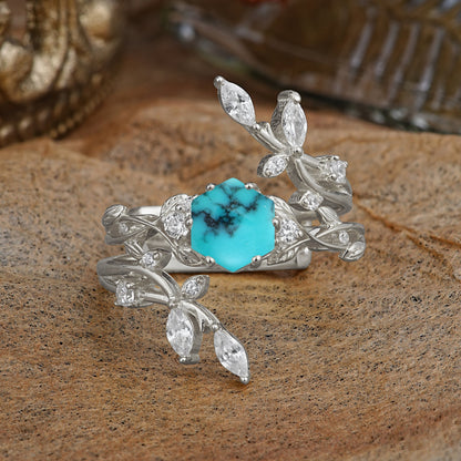 Nature-Inspired Luxury Hexagonal-Cut Turquoise Bridal Ring Set
