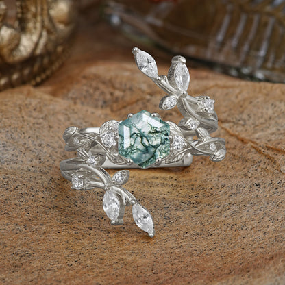 Nature-Inspired Luxury Hexagonal-Cut Moss Agate Bridal Ring Set