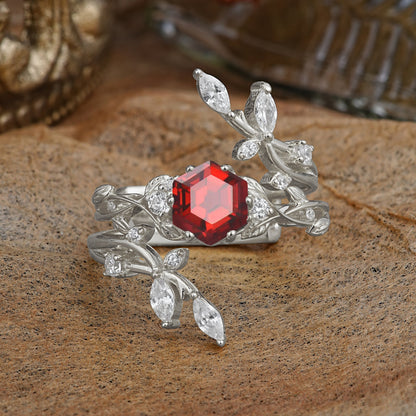 Nature-Inspired Luxury Hexagonal-Cut Garnet Bridal Ring Set