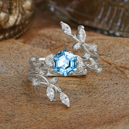 Nature-Inspired Luxury Hexagonal-Cut Aquamarine Bridal Ring Set