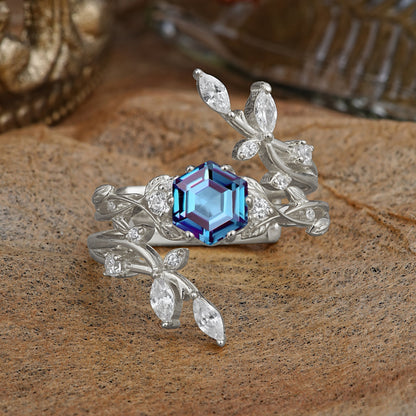 Nature-Inspired Luxury Hexagonal-Cut Alexandrite Bridal Ring Set