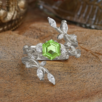 Nature-Inspired Luxury Hexagonal-Cut Peridot Bridal Ring Set