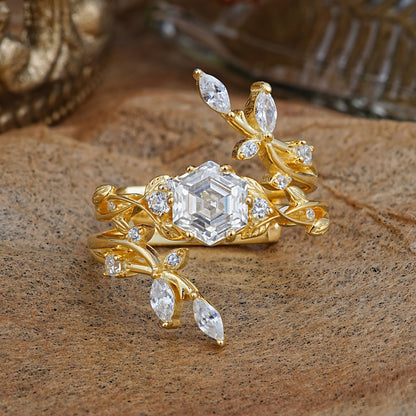 Nature-Inspired Luxury Hexagonal-Cut Moissanite Bridal Ring Set