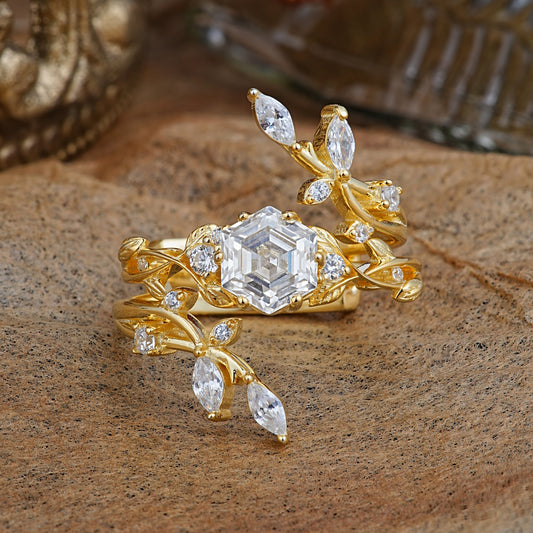Nature-Inspired Luxury Hexagonal-Cut Moissanite Bridal Ring Set