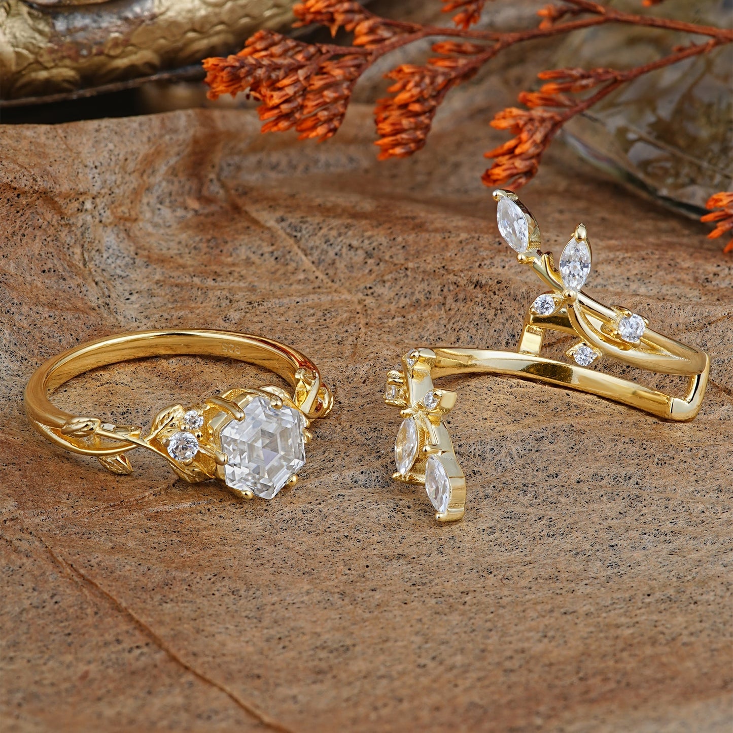 Nature-Inspired Luxury Hexagonal-Cut Moissanite Bridal Ring Set
