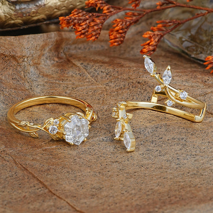 Nature-Inspired Luxury Hexagonal-Cut Moissanite Bridal Ring Set