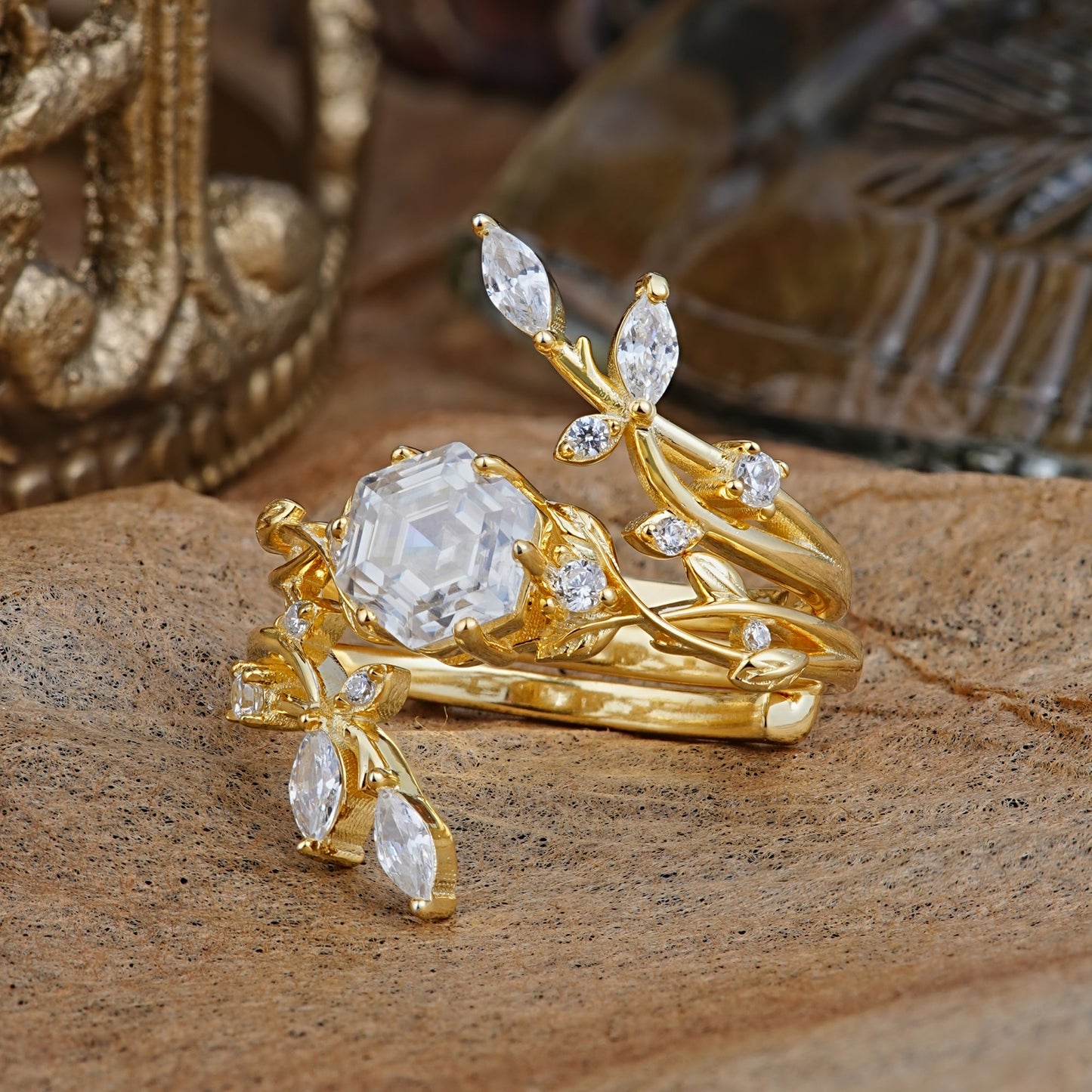 Nature-Inspired Luxury Hexagonal-Cut Moissanite Bridal Ring Set