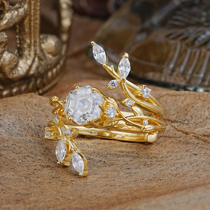Nature-Inspired Luxury Hexagonal-Cut Moissanite Bridal Ring Set