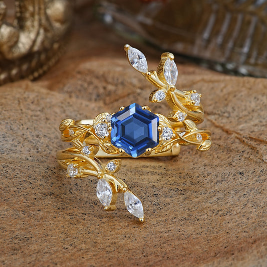 Nature-Inspired Luxury Hexagonal-Cut Sapphire Bridal Ring Set