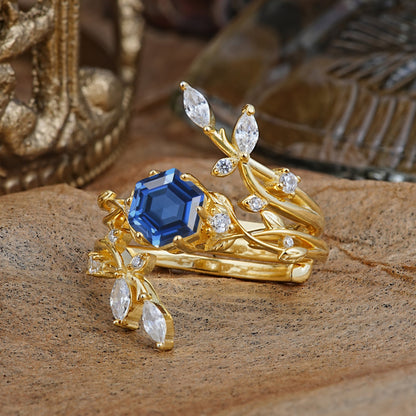 Nature-Inspired Luxury Hexagonal-Cut Sapphire Bridal Ring Set