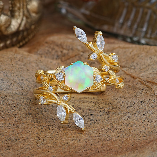 Nature-Inspired Luxury Hexagonal-Cut Opal Bridal Ring Set