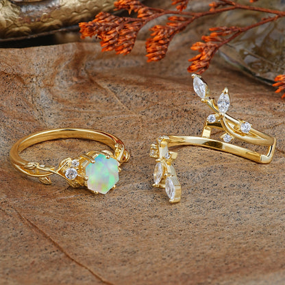 Nature-Inspired Luxury Hexagonal-Cut Opal Bridal Ring Set