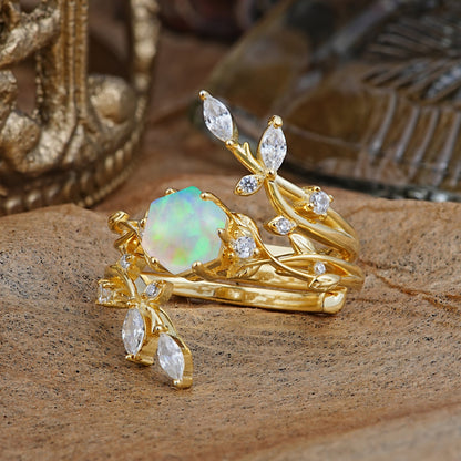 Nature-Inspired Luxury Hexagonal-Cut Opal Bridal Ring Set
