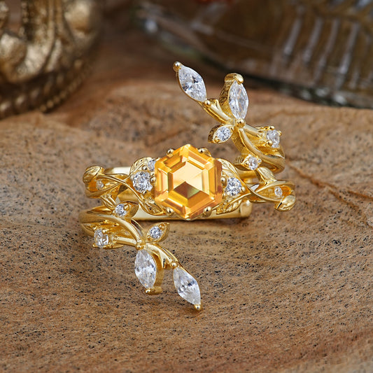 Nature-Inspired Luxury Hexagonal-Cut Citrine Bridal Ring Set