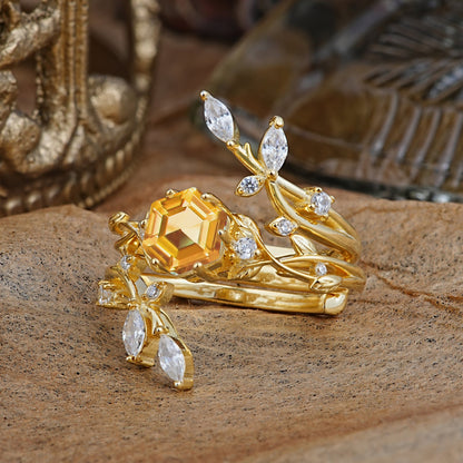 Nature-Inspired Luxury Hexagonal-Cut Citrine Bridal Ring Set